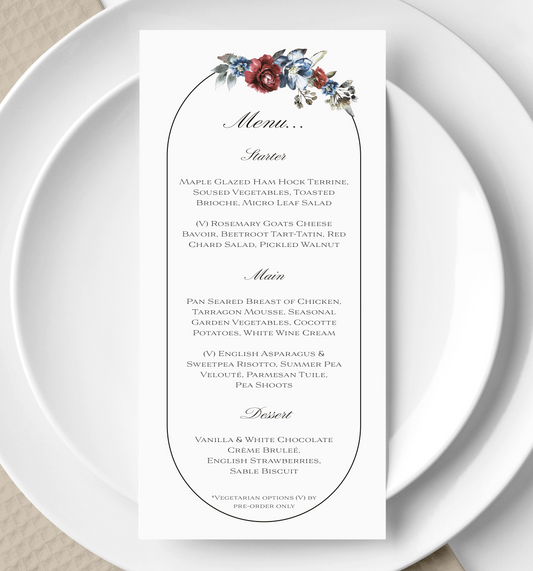 Wedding menu - Blue Florals collection