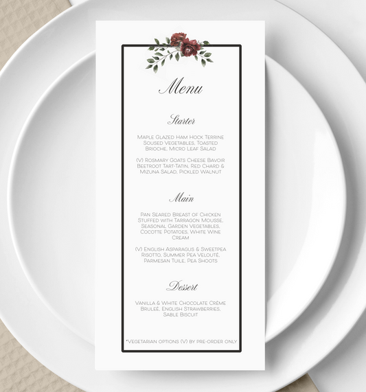 Wedding menu - Vintage Rose collection