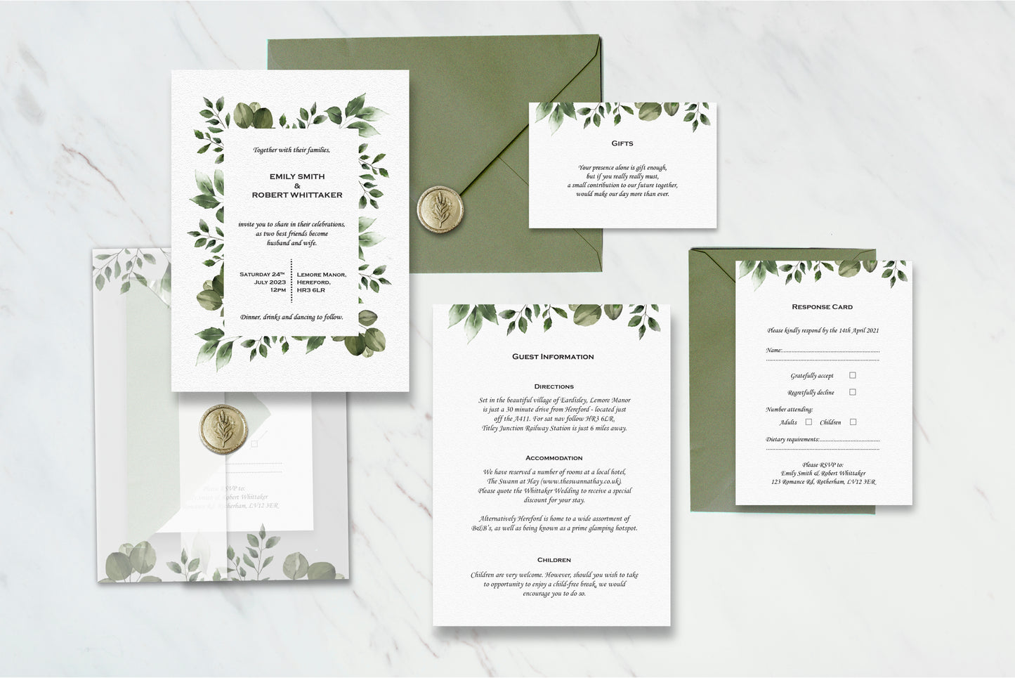 Sage green elegant greenery wedding invitation suite vellum jacket